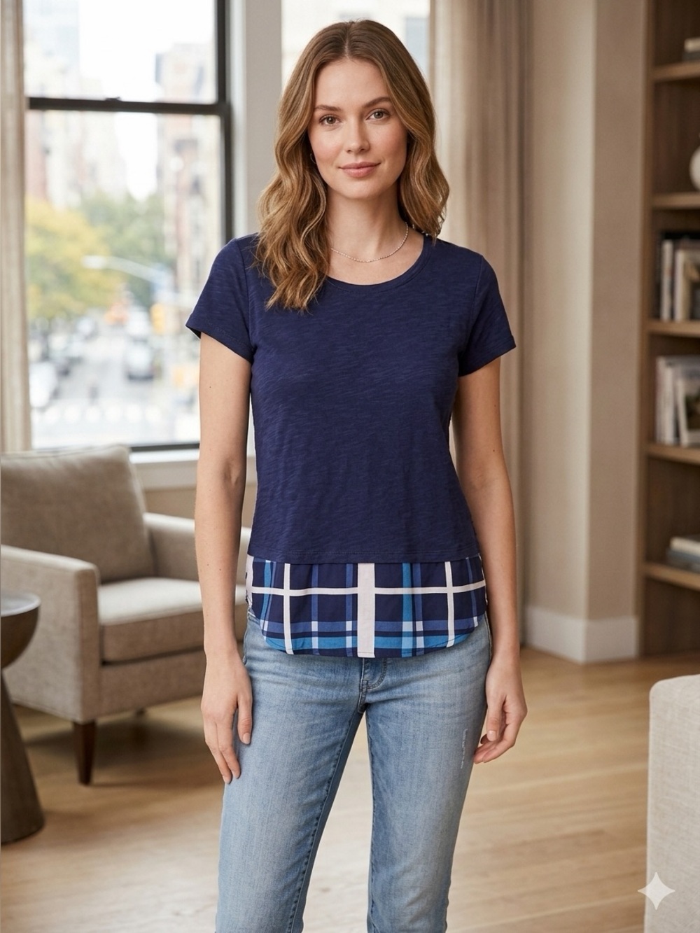 Maison Jules Womens Mixed Media Knit Blouse